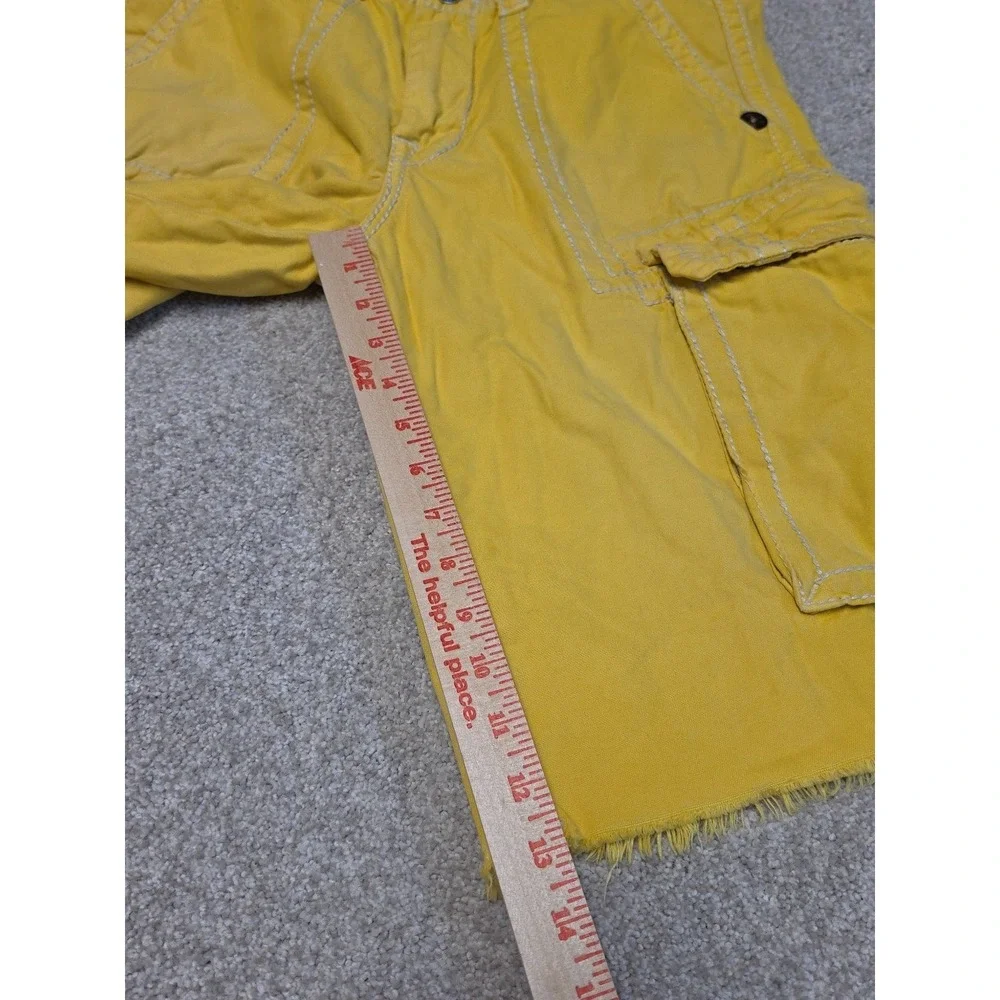 True‎ Religion Cargo Jean Shorts Y2K Yellow Jorts Streetwear Hip Hop Embroidered